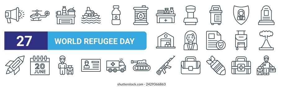 conjunto de 27 iconos de esquema del día mundial de los refugiados de la web como megáfono, helicóptero de combate, comida, sello, lesionados, día mundial de los refugiados, ak, vector de refugiados iconos de línea delgada para el diseño web, aplicación móvil.