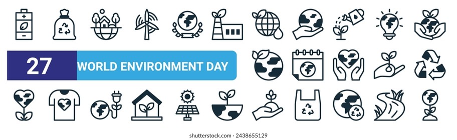 set of 27 outline web world environment day icons such as green energy, waste, environment, save earth, world environment day, environmentally friendly, earth vector thin line icons for web design,