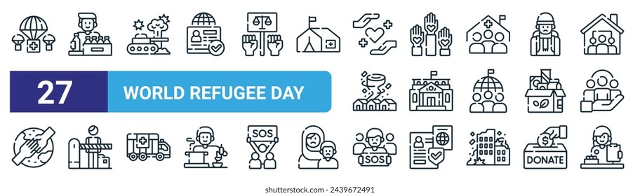 set of 27 outline web world refugee day icons such as humanitarian aid, social worker, war, charity, embassy, border, demonstration, social worker vector thin line icons for web design, mobile app.