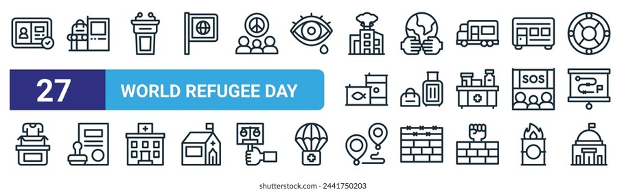 conjunto de 27 iconos de esquema del día de los refugiados del mundo web como tarjeta de identificación, escaneo de equipaje, atril, justicia social, equipaje, documento, ubicación, iconos de línea delgada de vector de embajada para diseño web, aplicación móvil.