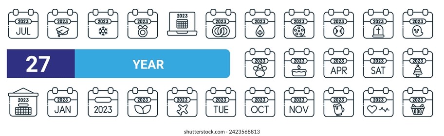 set of 27 outline web year icons such as july, education, winter,  , birthday, january, october, shopping vector thin line icons for web design, mobile app.