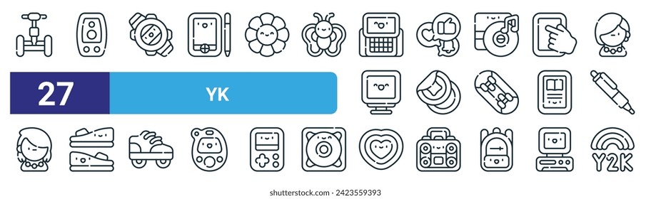 set of 27 outline web yk icons such as  , computer speaker, watch, social media, stickers, wedges, hearts, yk vector thin line icons for web design, mobile app.