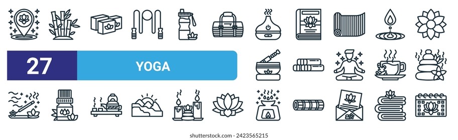 set of 27 outline web yoga icons such as placeholder, bamboo, yoga block, book, bolster, essential oil, aroma, calendar vector thin line icons for web design, mobile app.