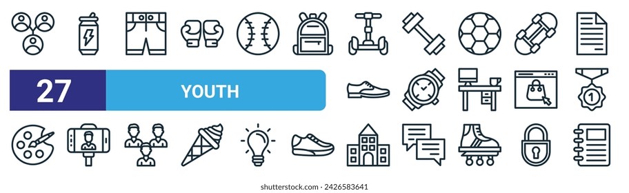 set of 27 outline web youth icons such as community, energy drink, shorts, workout, wristwatch, selfie, school, notebook vector thin line icons for web design, mobile app.