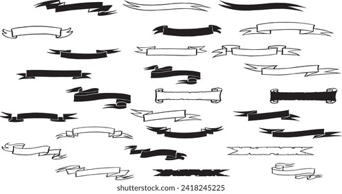 Set of 27 Ribbons. Ribbon elements. Starburst label. Black and white ribbons. Modern simple ribbons collection. Vector illustration.