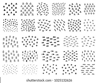 Set of 27 scandinavian style textures. Black and white vector illustration. Hand-drawn elements, triangles, stars, dots, zigzags, etc.