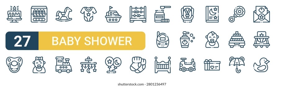 Set of 27 thin line Baby Shower icons for app screens, websites and product dashboards. Outline vector pack featuring birthday cake, pacifier, crayon, baby, rocking horse and train toy.