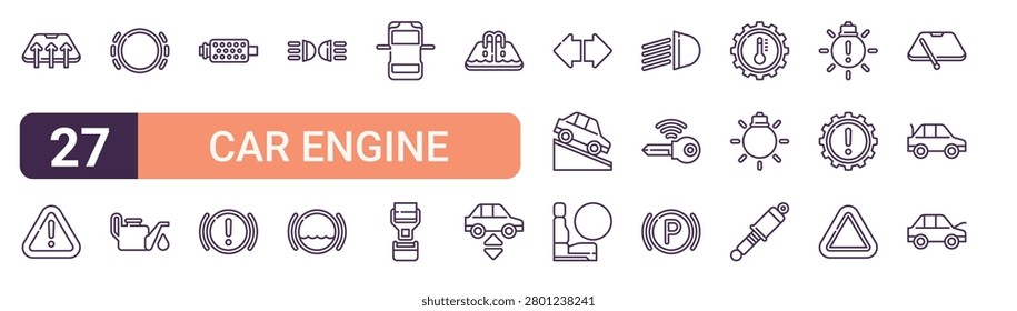 Set of 27 thin line Car Engine icons for app screens, websites and product dashboards. Outline vector pack featuring defrosting, warning, brake, engine oil, diesel and handbrake.