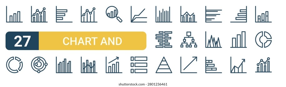 Set of 27 thin line Chart and Diagram icons for app screens, websites and product dashboards. Outline vector pack featuring stats, pie chart, bar chart, radar, stats and stats.