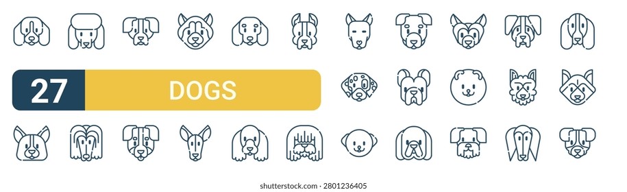 Set of 27 thin line Dogs icons for app screens, websites and product dashboards. Outline vector pack featuring beagle, corgi, poodle, afghan hound, pointer and bernese mountain.
