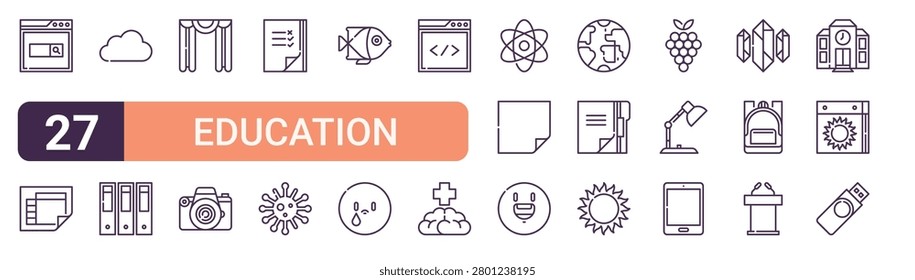 Set of 27 thin line Education icons for app screens, websites and product dashboards. Outline vector pack featuring search, schedule, cloud, file, curtain and photo camera.