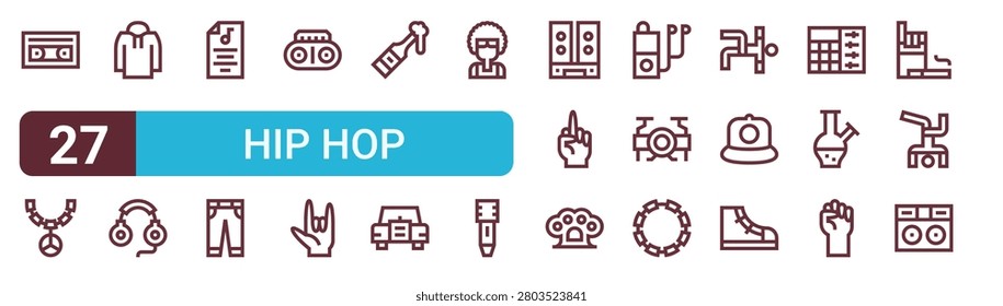 Set of 27 thin line Hip Hop icons for app screens, websites and product dashboards. Outline vector pack featuring cate, necklace, hoodie, headphones, sheet music and pants.