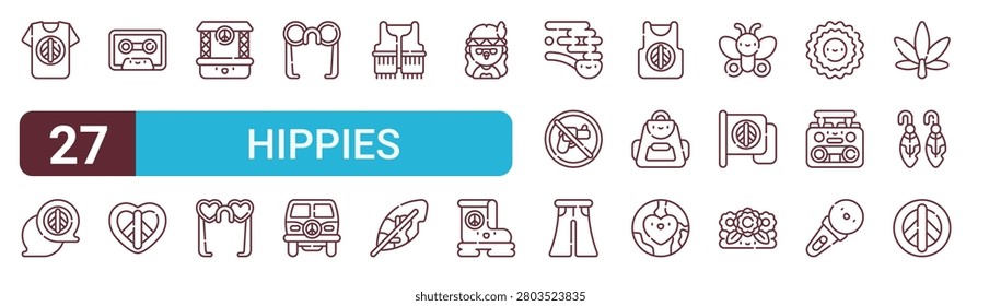 Set of 27 thin line Hippies icons for app screens, websites and product dashboards. Outline vector pack featuring t shirt, peace, cate, peace, concert and sunglasses.