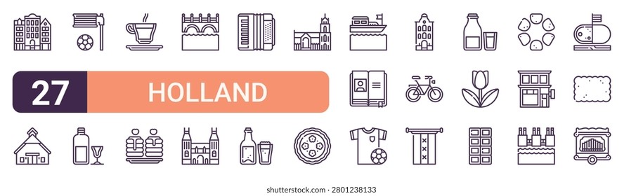 Set of 27 thin line Holland icons for app screens, websites and product dashboards. Outline vector pack featuring Dutch, farm, korall, jenever, koffie verkeerd and poffertjes.
