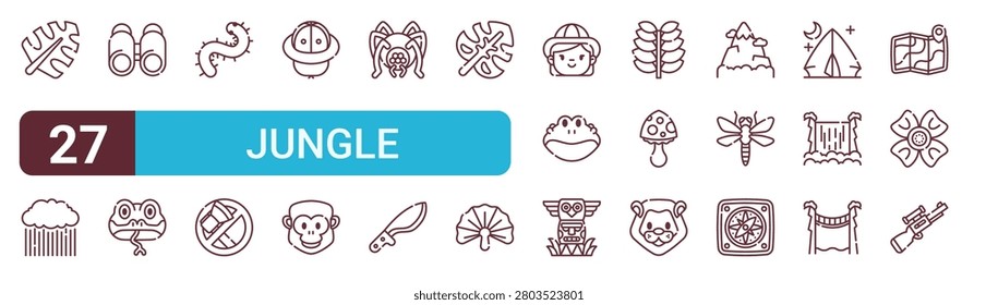 Set of 27 thin line Jungle icons for app screens, websites and product dashboards. Outline vector pack featuring leaf, rain, binoculars, snake, centipede and no cutting.