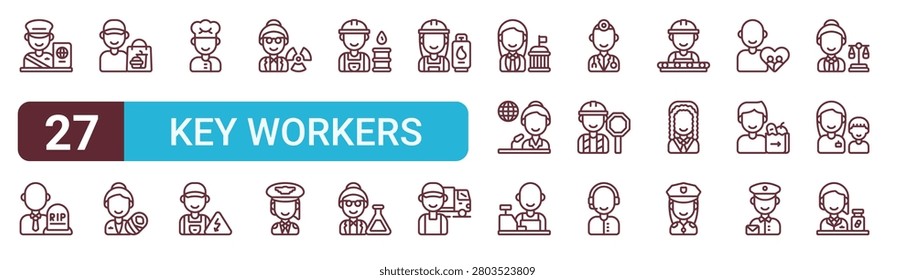 Set of 27 thin line Key Workers icons for app screens, websites and product dashboards. Outline vector pack featuring drawing. Illustration from key workers collection.., undertaker, drawing.
