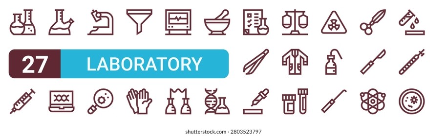 Set of 27 thin line Laboratory icons for app screens, websites and product dashboards. Outline vector pack featuring laboratory, syringe, flask, drawing. Illustration from laboratory collection..,