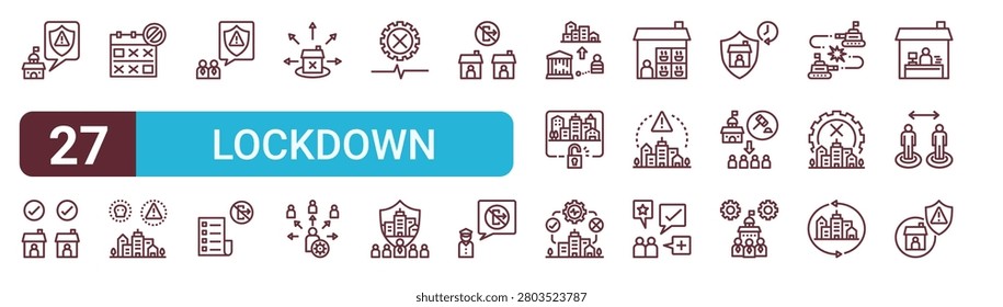 Set of 27 thin line Lockdown icons for app screens, websites and product dashboards. Outline vector pack featuring policy, responsibility, period, threat, determine and rule.