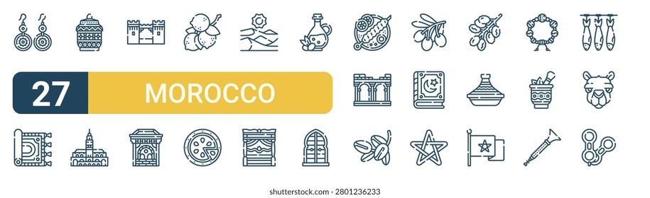 Set of 27 thin line Morocco icons for app screens, websites and product dashboards. Outline vector pack featuring jewelry, carpet, pottery, mosque, fortress and chefchaouen.