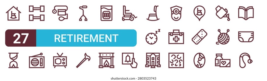 Set of 27 thin line Retirement Home icons for app screens, websites and product dashboards. Outline vector pack featuring retirement home, hourglass, gym, radio, drawing. Illustration from