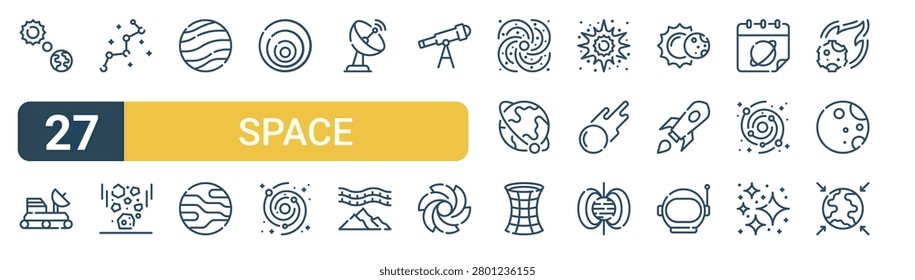 Set of 27 thin line Space icons for app screens, websites and product dashboards. Outline vector pack featuring solar, moon rover, constellation, microgravity, exoplanet and planet.