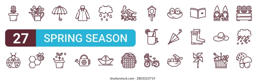Set of 27 thin line Spring Season icons for app screens, websites and product dashboards. Outline vector pack featuring flower, ladybug, watering can, bees, umbrella and plant.