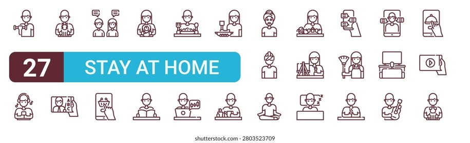 Set of 27 thin line Stay at Home icons for app screens, websites and product dashboards. Outline vector pack featuring exercise, listening, cat, online learning, talking and online shopping.