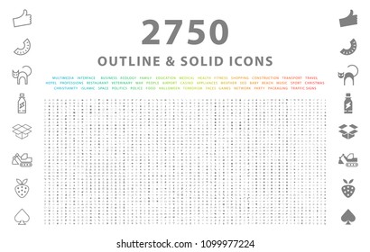 Set of 2750 Outline and Solid Icons on White Background . Vector Isolated Elements 