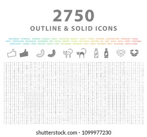 Set of 2750 Outline and Solid Icons on White Background . Vector Isolated Elements 