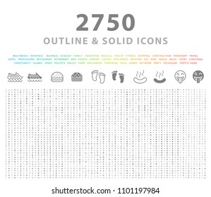 Set of 2750 Outline and Solid Icons on White Background . Vector Isolated Elements 