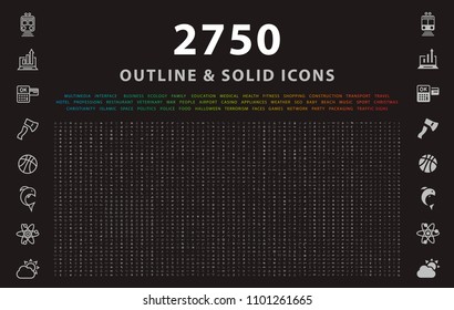 Set von 2750 Outline und Solid Icons auf schwarzem Hintergrund . Vektorisolierte Elemente