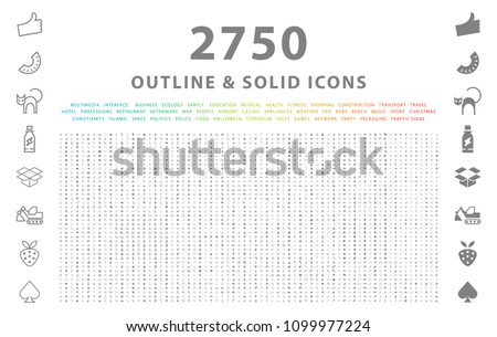 Set of 2750 Outline and Solid Icons on White Background . Vector Isolated Elements  Foto stock © 