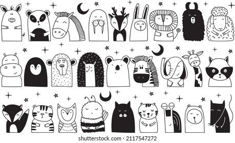 Set of 27animals. Animals collection. Hand drawn vector illustration of cute animals. Scandinavian style. Big vector set with animals in cartoon style. Set of contemporary scandinavian prints.