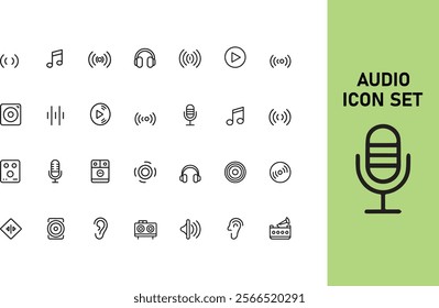 Set of 28 audio line art vector icons isolated by white background オーディオンアイコン