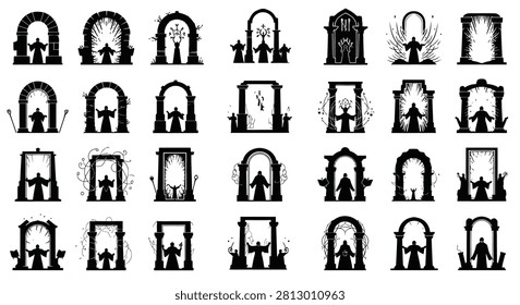 Set of 28 black silhouette icons depicting hooded mages, wizards, and priests standing before magical stone portals, ancient gates, and archways on a plain white background.