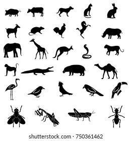 Set of 28 black silhouettes of wild and domestic animals, insects and birds