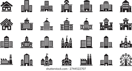 A set of 28 black and white icons depicting various city buildings and skylines