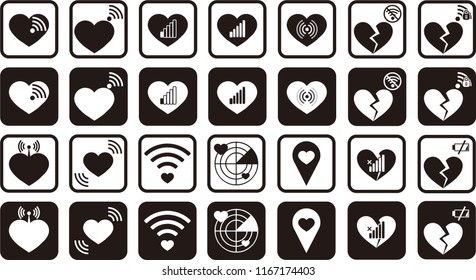 Set of 28 Black and White Shapes Outline and Filled Icons such as Love, Wifi, Signal, Low Batt, Heart, Broken Heart, Radar Like