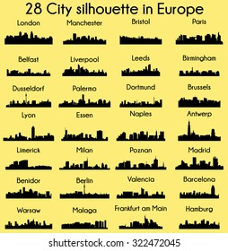 Set of 28 City silhouette in Europe ( London, Berlin, Madrid, Dortmund, Warsaw, Palermo, Liverpool, Brussels, Barcelona, Paris, ... )