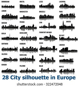 Set of 28 City silhouette in Europe ( London, Berlin, Madrid, Dortmund, Warsaw, Palermo, Liverpool, Brussels, Barcelona, Paris, ... )