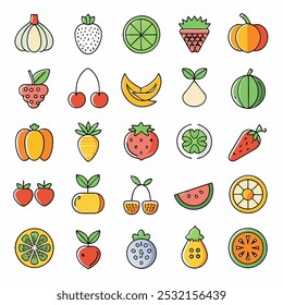 A set of 28 colorful and cute fruit and vegetable icons, perfect for adding a touch of whimsy to your designs. This collection features a variety of fruits, including strawberries, cherries.