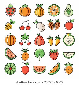 Um conjunto de 28 ícones coloridos de frutas e legumes em um estilo de arte linear. Perfeito para adicionar um toque de frescura aos seus projetos, este pacote inclui uma variedade de frutas e legumes populares.