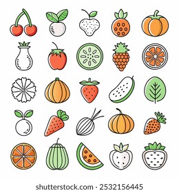 A set of 28 colorful icons, perfect for adding a vibrant touch to your designs. These illustrations feature a variety of fruits, vegetables, and other food items, all presented in a fun and style.