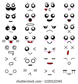 Set of 28 Different Anime Emotions to Create Characters. Anime style. Anger and Joy. Indifference and Shock. Laughter and Tears. Vector illustration for Your Design.