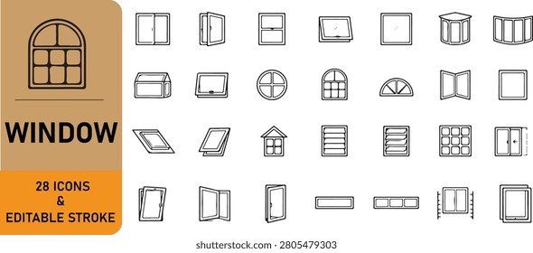 Set of 28 editable stroke window outline icons featuring modern residential and architectural window styles, frames, shutters, and openings in black line vector style.