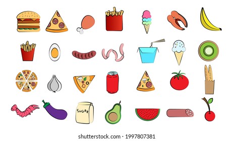 A set of 28 icons of delicious food and snacks items for a restaurant bar cafe on a white background: ice cream, burger, pizza, sausage, drink, egg, tomato, garlic, mango, watermelon
