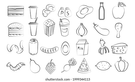 Set of 28 icons of delicious food and snacks items for a cafe bar restaurant on a white background: sandwich, cheese, lemonade, popcorn, garlic, eggplant, chicken, fruits, vegetables