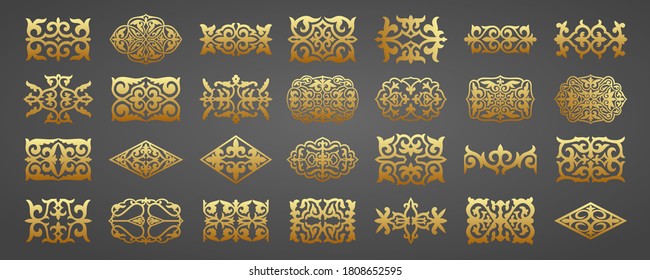 Set of 28 islamic golden ornaments on black background in vector. Circular ornamental arabic symbols. Abstract Asian elements of the national pattern of the ancient nomads of the Kazakhs, Tatars.