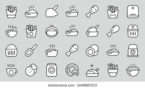 Conjunto de 28 linhas de arte relacionadas com fritura, fritura ar, batatas fritas, frigideira, fritura, frango frito, AVC editável. Ilustração vetorial