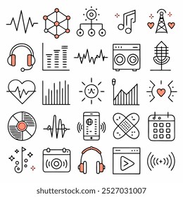 Un conjunto de 28 íconos de línea relacionados con la música, el sonido, el audio y la tecnología, perfecto para Sitios web, App y otros proyectos digitales. Cada icono está diseñado con un estilo limpio y moderno, asegurando un aspecto.